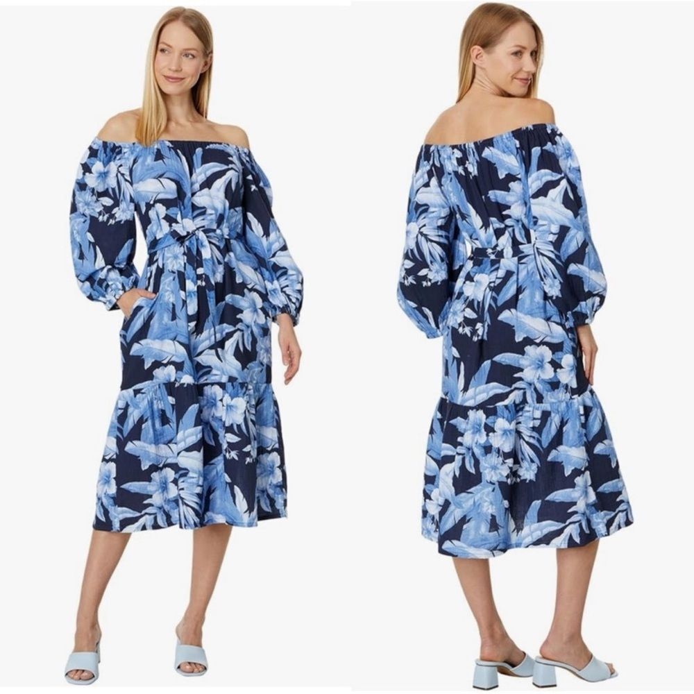 Tommy Bahama Island Gauze Tropical Floral Off Shoulder Midi Dress Blue M NEW